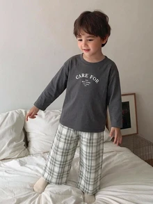Dazy Kids 兒童秋季小男孩圓領針織字母印花短袖T恤＋梭織格紋長褲居家服2件套 春夏 - 深灰色 - 查看 3