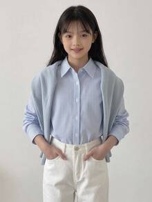 Hapijoa 青少年女孩秋季大童領口短袖襯衫夏季上衣 - 藍色 - 查看 3