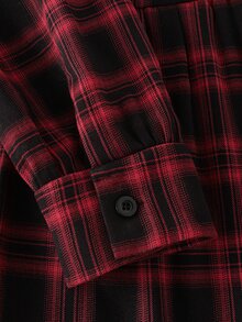 女款紅色格紋立領半開襟長袖洋裝 - 紅色 - 查看 4