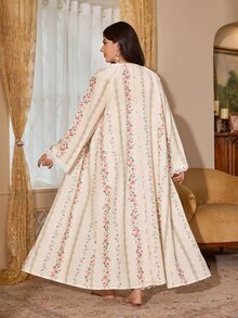 PalaceNights Floral Print Luxurious Lace Trim Loose Long Sleeve Robe With Camisole Slip Dress Ruffle Decor Woven Textured Fabric Plus Size Pajamas - Multicolor - View 2