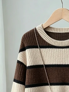 Young Girls Sweaters Round Neck Apricot Khaki Coffee Striped Color Block Pullover Sweater Soft Knit Minimalist Design Long Sleeve Top Suitable For Autumn Winter Casual Outing Party Photo Shoot Play - Multicolor - View 5