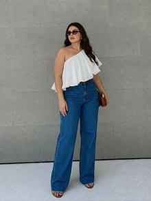 Anewsta Plus Size Women's New Summer Casual Asymmetrical Shoulder Blouse Asymmetric Ruffle Hem Solid Color Elegant Top Suitable For Daily Wear Vacation Commute - White - View 7