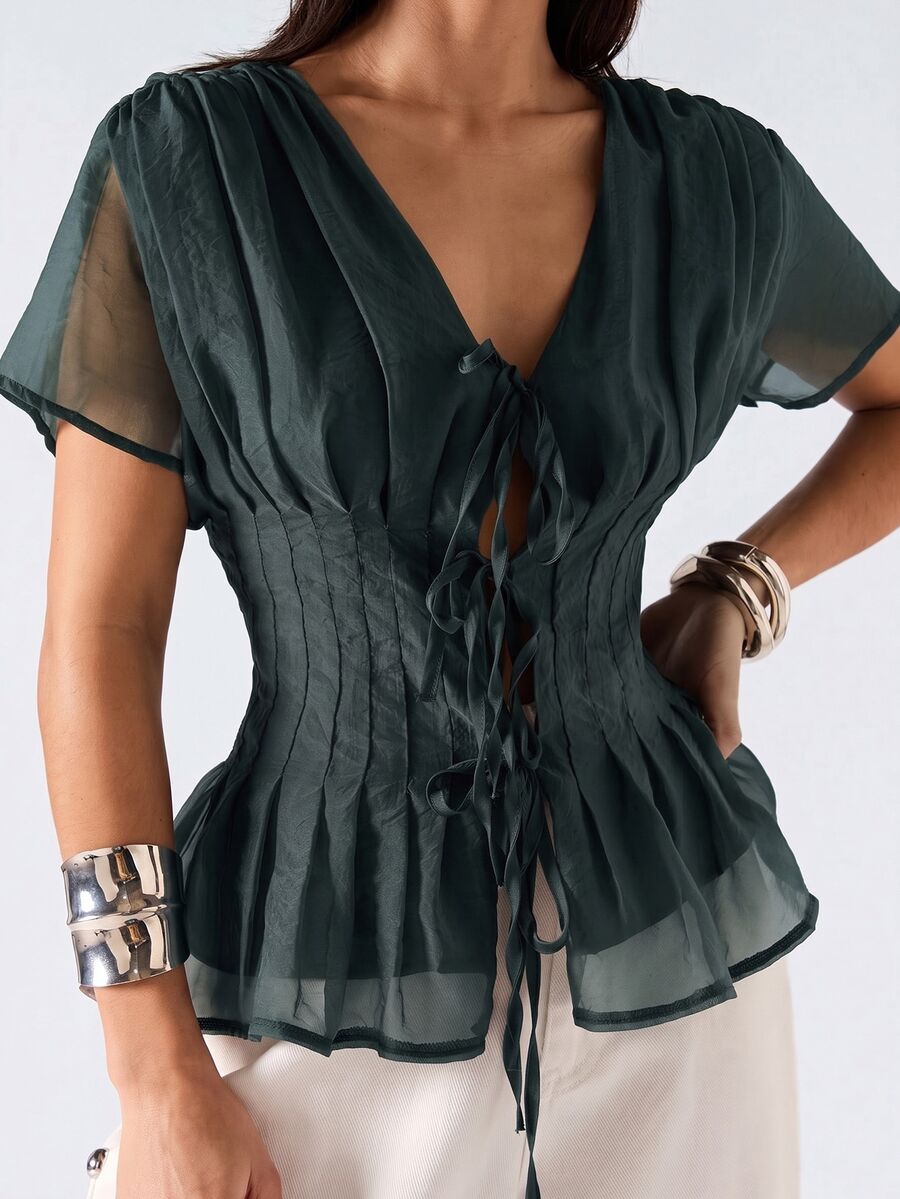 SHEIN EZwear 深綠色春夏純色領口百褶休閒百搭日常短袖大尺碼襯衫 - 墨綠色 - 查看 1