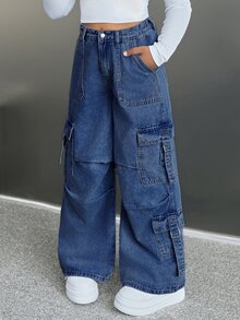 SHEIN Girlism Celana Jeans Denim Kargo Longgar dengan Kancing dan Kantong untuk Anak Perempuan Remaja - Dark Wash - View 4