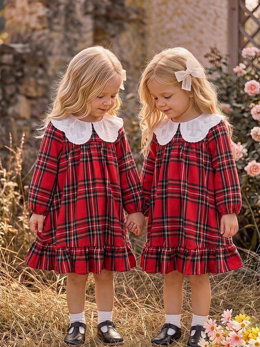 LMoss Kids Baby Girl Woven Contrast Color Peter Pan Collar Plaid Casual Dress - Multicolor - View 1