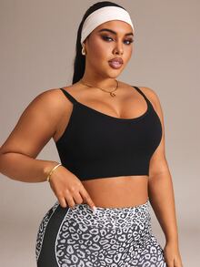 SHEIN Rhythm Era Women's Seamless Plus Size Solid Color Casual Sports Bra - Black - View 3