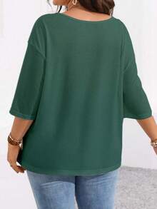 SHEIN Plus Size Women's Solid Color Round Neck Drop Shoulder 3/4 Sleeve Casual T-Shirt - Limelight Green - View 2