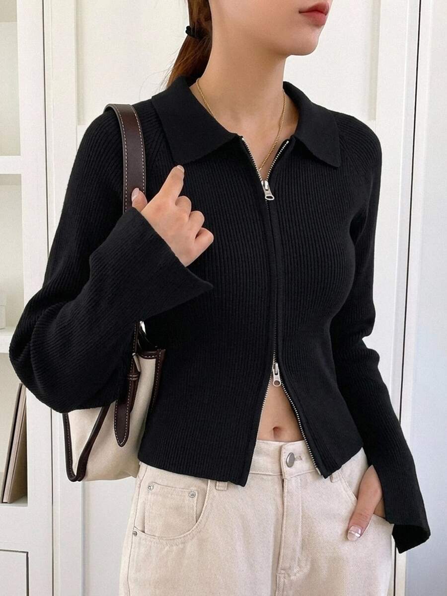 DAZY 商務休閒純色翻領女款開襟針織外套長袖上衣 - 黑色 - 查看 1