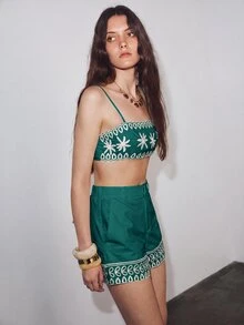 MOTF PREMIUM VACATION Tube Top Super Pendek Bordir Katun All Cotton untuk Musim Semi dan Panas - Teal Blue - View 4
