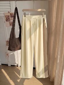 Comfortcana Plus Size Women's Side Stripe Drawstring Casual Loose Sweatpants - Light Yellow - View 6