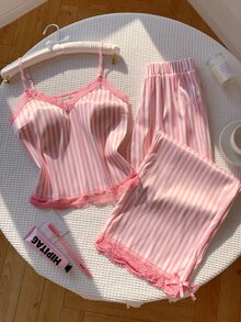 Comfortcana Women's Contrast Lace Striped Camisole Top And Long Pants 2 Pieces Set - Pink - View 7
