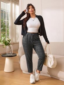 SHEIN CURVE+ 大尺碼女款優雅修身長褲 春夏秋季 - 深灰色 - 查看 5