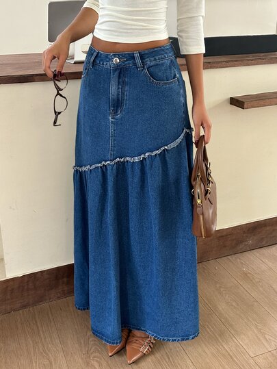 Rivivi Women's Outdoor Fashion All Season Blue Denim Skirt With Frill Trim