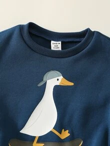 SHEIN 2件組嬰兒男童/女童秋冬加厚抓絨內裡白色鵝圖案運動衫與條紋慢跑褲套裝，嬰兒男童冬季套裝，運動服 - 彩色 - 查看 3