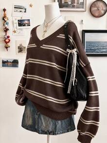 Lalippa Plus Size Women's Striped Drop Shoulder Long Sleeve Casual Loose V-Neck Sweater - Dark Grey - View 3