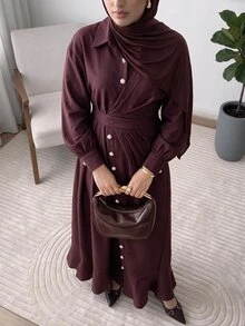 Veilorie Gaun Lengan Panjang Berlipit dengan Desain Kancing untuk Wanita yang Suka Bepergian - Burgundy - View 4