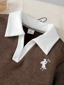 SHEIN Elladie kids 女童學院風咖啡色刷毛內裡上衣與寬腿褲2件套秋季套裝 秋冬款 - 棕色 - 查看 10