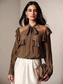 BELROSIE Fall/ Dark Brown Solid Textured Fabric Elegant Sophisticated Crinkled Ruffle Lace Patchwork Bowknot Long Sleeve Blouse, French Vintage Office Dinner - Brown - View 3