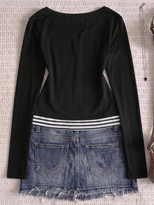 Teen Girl Casual Slim Fit Long Sleeve T-Shirt Base Layer, Versatile Comfortable Elegant Style, Suitable For Outings, School, Layering - Black - View 2