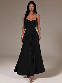 SHEIN PETITE فستان نسائي بلون موحد بحمالات رفيعة طويلة - الأسود - مشاهدة 6