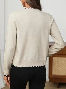 EMERY ROSE Cardigan Rajut Wanita Leher V Kancing Depan dengan Trim Tepi Bergelombang Kontras Lengan Panjang Model Pendek Sweater Wanita Musim Gugur Musim Dingin - Aprikot - View 2