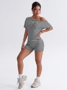 StreetHx Women's Striped Asymmetrical Shoulder Short Sleeve T-Shirt And Shorts Sports Set - Black and White - View 4