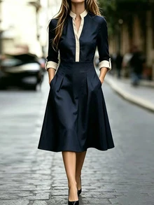 RosyDaze Women's Elegant Mid-Length Dress With Turned-Up Sleeves, Stand Collar, Button Closure And Contrast Color - Navy Blue - View 3