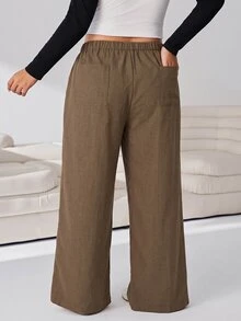 Solflare Plus Size Casual Drawstring Waist Loose Pants For Daily Wear - Coffee Brown - View 2