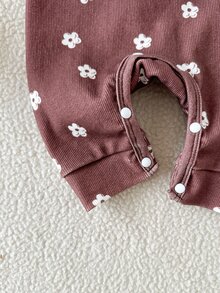 SHEIN 嬰兒女童秋冬針織數位印花棕色花卉連身褲，棉混紡面料，附配套髮帶，優雅風格，舒適休閒穿著，適合室內與戶外場合 - 棕色 - 查看 9