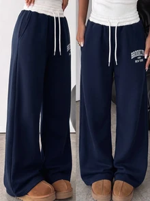 SHEIN Vacaura 青少年女孩運動休閒褲 緊身喇叭褲 時尚字母印花 日常穿著 - 藏蓝色 - 查看 3