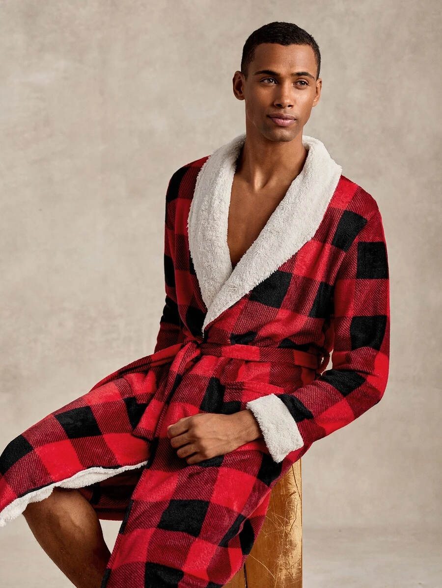 EverLounge Autumn/Winter Men's Minimalist Basic Fit Classic Black & Red Plaid Print Christmas Atmosphere Contrast Color Lapel Design Loungewear Robe - Multicolor - View 1