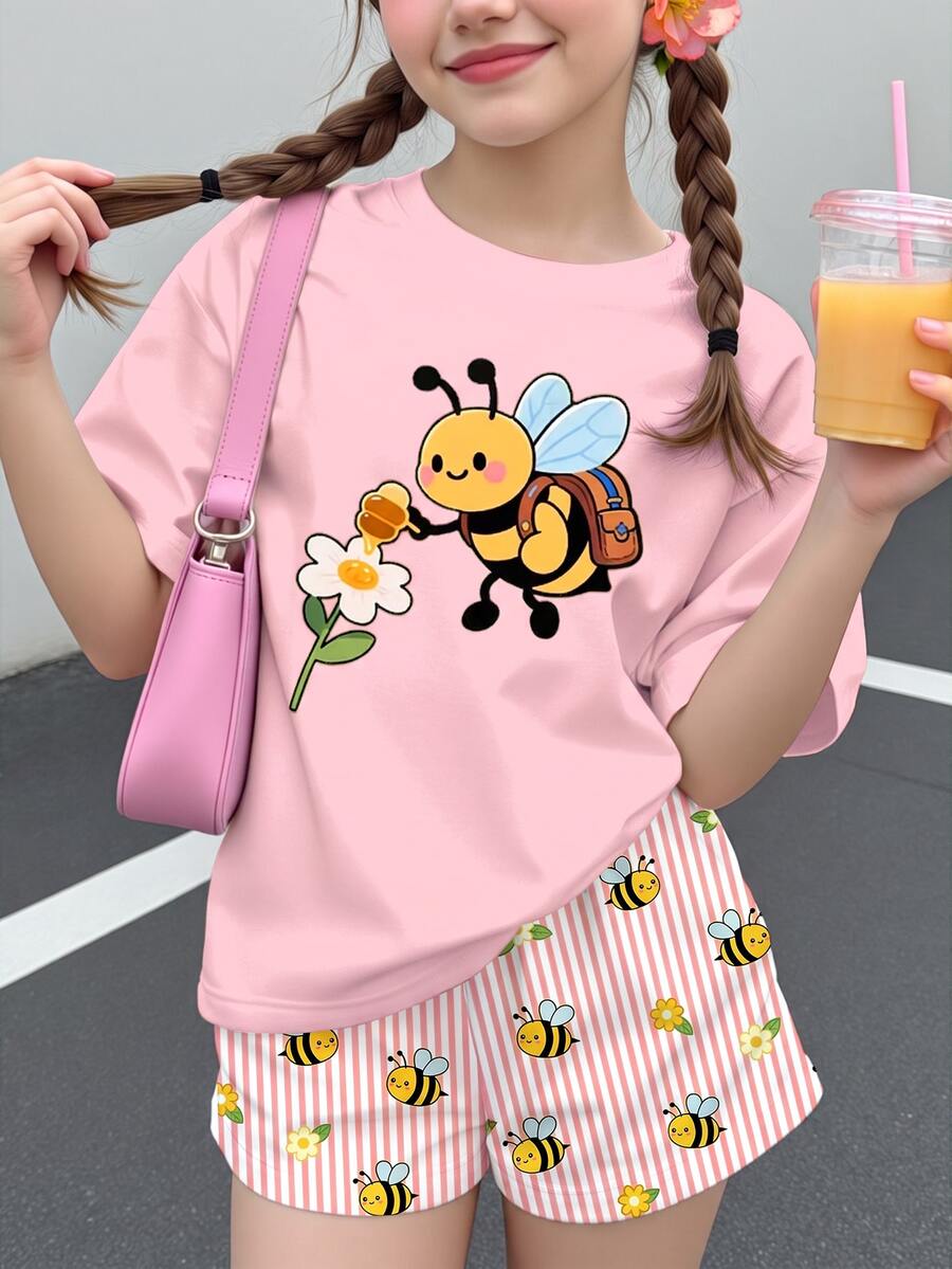 青少年女孩休閒極簡卡通圖案短袖上衣與短褲兩件套,適合 - 彩色 - 查看 1