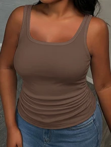 Slaydiva Plus Size Women Solid Color Square Neck Casual Versatile Tank Top - Rust Brown - View 3