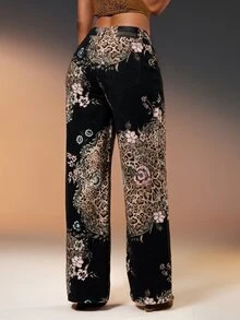 Denimoi Leopard Zebra Mixed Print Fashion Jeans Statement Denim Fashionable Streetwear Straight Leg - Black - View 3