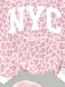 少女粉色與白色豹紋 NYC 圖案圓領運動衫與條紋內搭褲套裝，秋季校園穿搭長袖上衣與長褲 - 彩色 - 查看 6