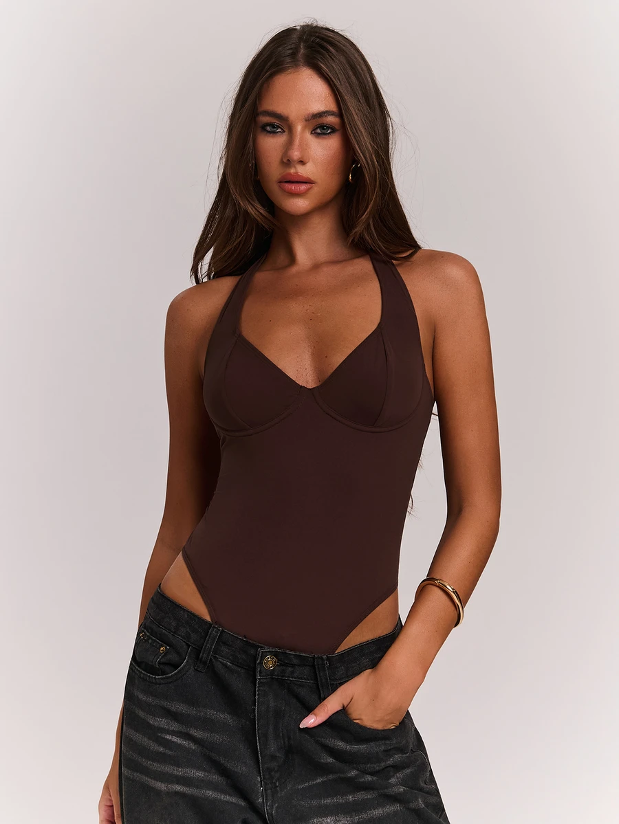 SHEIN BAE بودي نسائي ضيق برقبة هالتر مرنة باللون البني للخريف/الشتاء - بني - مشاهدة 1