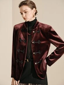 Arave Autumn/Winter Stand Collar Korean Fleece National Style Frog Button Metal Buckle Women's Blazer Jacket - Burgundy - View 4