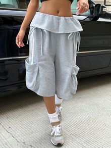 Muchica Women's Loose Ruffle Tie Bow Striped Pattern Pocket Shorts Punk Y2K Gray Casual Street Folding Waist Design Pocket Wide Leg Cropped Pants - Grey - View 6