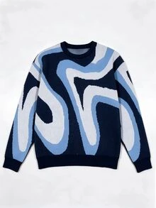 Chillumni Men's Colorblock Crew Neck Dropped Shoulder Long Sleeve Casual Loose Sweater - Blue - View 3