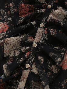 Glimmora Women's Spring Autumn New French Romantic Chiffon Floral Print Ruffle Deep V-Neck Long Sleeve Semi-Sheer Blouse With Full Button Front Placket - Black - View 7