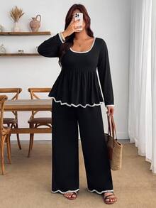 Enliva Set 2 Potong Wanita Plus Size Renda Hitam Blok Warna, Cocok untuk Pergi Kerja, Bentuk Tubuh Apel dan Bulat - Hitam dan Putih - View 5