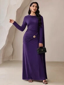 Veilorie Women's Round Neck Long Sleeve Pleated Solid Color Dress - Purple - View 4