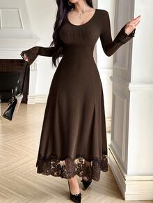 DAZY Brown U-Neck Lace Patchwork Cuff & Hem Fitted Waist Long Sleeve Elegant Knit Dress - Coffee - View 7