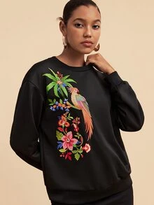 Travachic Sweatshirt Kasual Lengan Panjang Leher Bulat Motif Pohon Palem Wanita, Model Baru Musim Gugur/Dingin, Cocok untuk Sehari-hari - Hitam - View 3