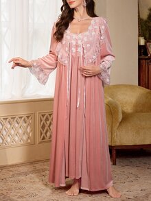 PalaceNights French Vintage Embroidered Lace Velvet Long Robe + Camisole Dress 2pcs Set - Pink - View 6