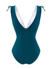 Swim Vcay 女款連身比基尼泳衣，抽繩背心上衣設計，深V領口，無鋼圈 - 藍色 - 查看 4
