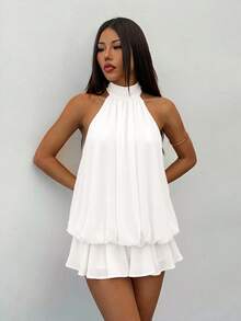 SHEIN PETITE 優雅淡黃色掛脖綁帶迷你洋裝，適合女性，適用於派對、約會、秋冬與春夏 - 白色 - 查看 4