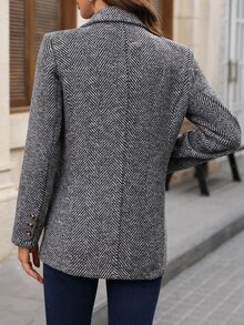 EMERY ROSE Women's Houndstooth Lapel Long Sleeve 2-Button Pocket Jacket - Black - View 3