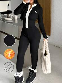 SHEIN EZwear Black & White Knit Women's Fitted Jumpsuit - Black - View 1