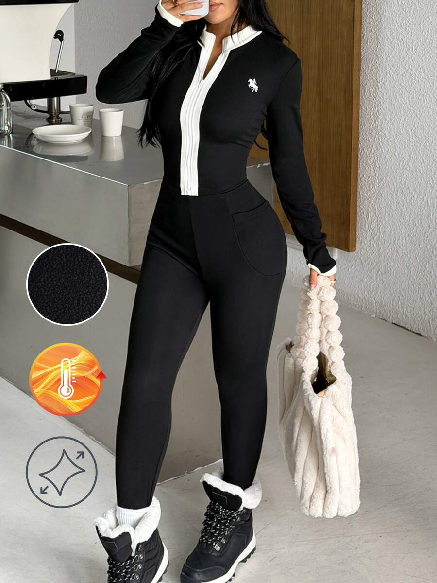 SHEIN EZwear Black & White Knit Women's Fitted Jumpsuit - Black - View 1